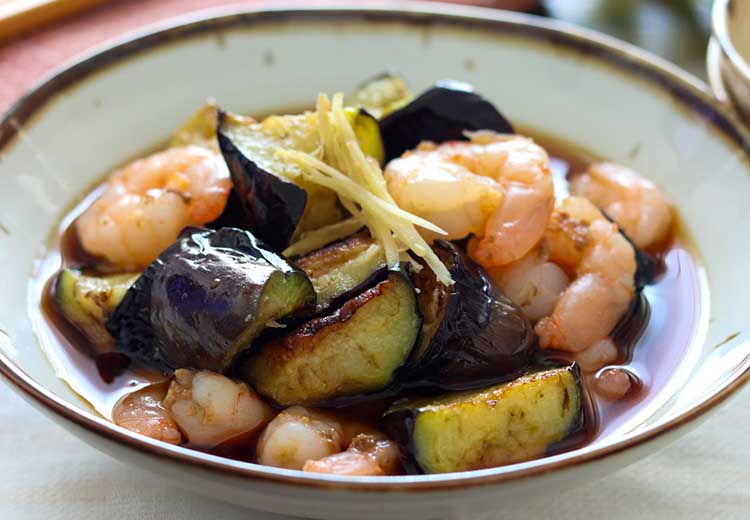 「揚げなすのえび煮」幼稚園・保育園の人気の給食レシピ（富喜屋オリジナル食育レシピ）