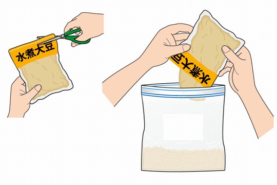 “塩切り麹” に “つぶした大豆”を入れて混ぜる